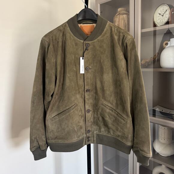 Taylor Stitch The Bomber Jacket Army Green Goat Suede 44 NEW Leather Button Coat - Picture 2 of 8